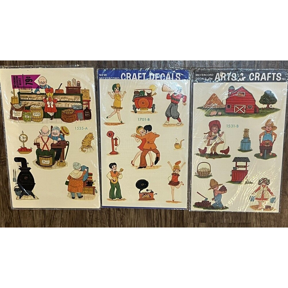 vintage meyercord decals lot Of 3 Farm, Dance, Store New In Plastic 8x13 Craft